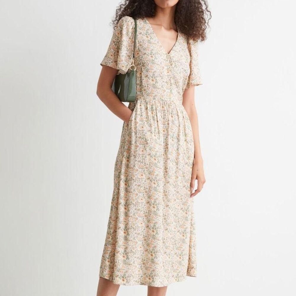 & Other Stories Midi Dress With Floral Print in Beige and Cream